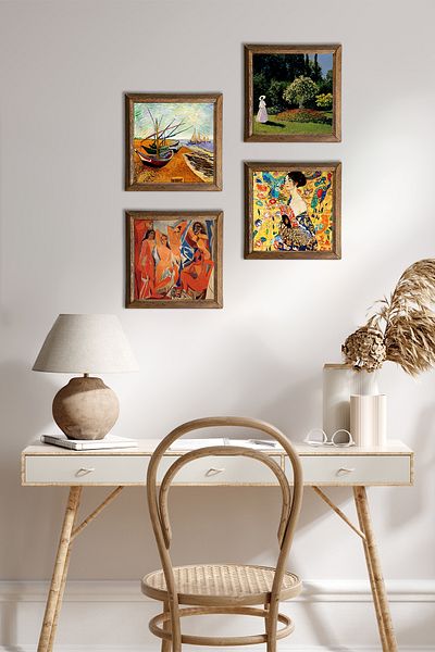 Pinecone Picasso, Van Gogh, Gustav Klimt, Claude Monet Stone Wall Painting Wood Framed Wall Decor