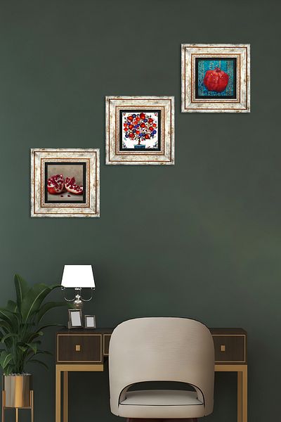 Pinecone Arborele de rodie, pictură pe perete din piatră de rodie, decor de perete înrămat, set de pictură din 3 piese, artă de perete Tk3-10