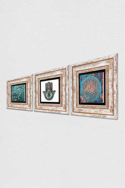 Pinecone Flower of Life, Van Gogh Almond Tree, Fatma Mother Hand (Hamsa) Stone Wall Painting Framed Wall Decor