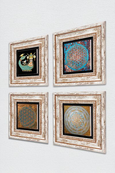 Pinecone Floarea vieții, Sri Yantra, Shahmeran Stone Wall Painting Decor de perete înrămat Set de 4 picturi Tk4-467