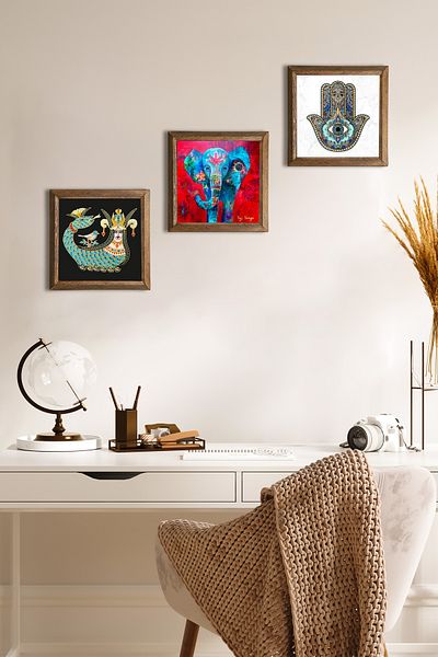Pinecone Elefant, Şahmeran, Fatma Ana Eli (HAMSA) Pictură pe perete din piatră Decor de perete cu rame din lemn Set de picturi din 3 piese
