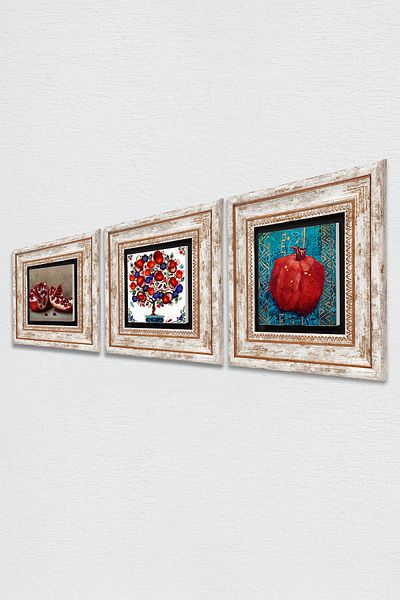 Pinecone Arborele de rodie, pictură pe perete din piatră de rodie, decor de perete înrămat, set de pictură din 3 piese, artă de perete Tk3-10