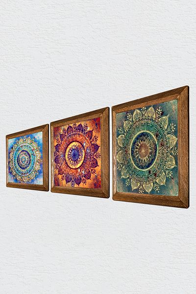 Pinecone Pictură pe perete cu piatră Mandala Decor de perete cu rame din lemn Set de pictură din 3 piese Artă de perete