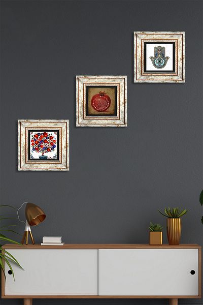 Pinecone Rugăciunea de abundență, Pomul de rodie, Mâna Maicii Fatma (HAMSA) Pictură pe perete din piatră Decor de perete înrămat Pictură din 3 piese