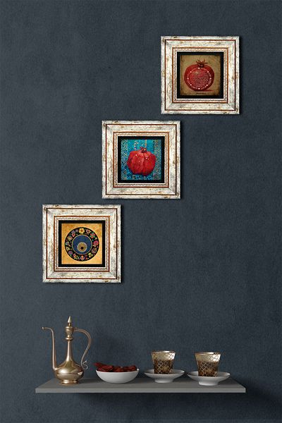 Pinecone Evil Eye Bead, Prayer of Fertility, Pomegranate Stone Wall Painting Framed Wall Decor Set of 3 Painting Wall Art