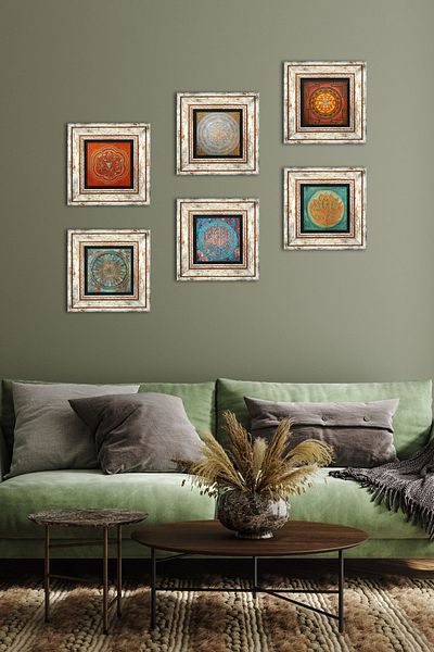 Pinecone Floarea Lotusului, Floarea Vieții, Sri Yantra Pictură pe perete din piatră Decor de perete înrămat Set de 6 piese Artă de perete