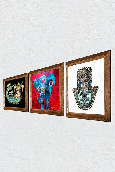 Pinecone Elefant, Şahmeran, Fatma Ana Eli (HAMSA) Pictură pe perete din piatră Decor de perete cu rame din lemn Set de picturi din 3 piese