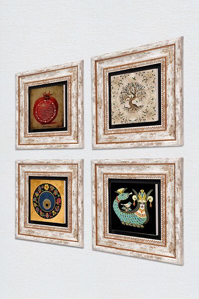 Pinecone Evil Eye, Prayer for Fertility, Shahmeran, Tree of Life Stone Wall Painting Framed Wall Decor Set of 4 Paintings