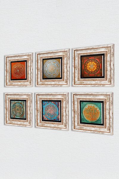 Pinecone Floarea Lotusului, Floarea Vieții, Sri Yantra Pictură pe perete din piatră Decor de perete înrămat Set de 6 piese Artă de perete