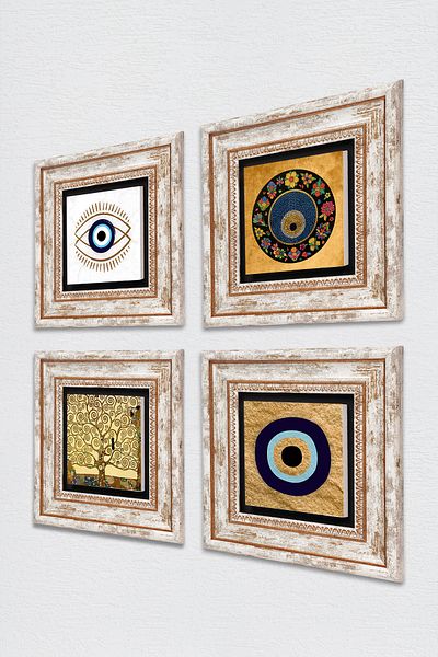 Pinecone Evil Eye, Tree of Life Stone Wall Painting Framed Wall Decor 4 Piece Painting Set Wall Art Tk4-1805