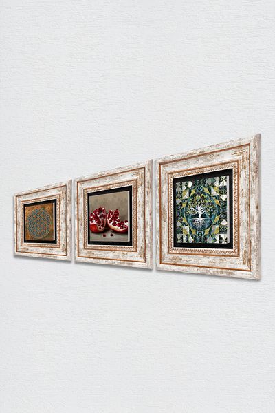 Pinecone Flower of Life, Tree of Life, Pomegranate Stone Wall Painting Framed Wall Decor 3 Piece Painting Set Tk3-1699