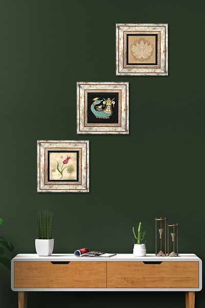 Pinecone Floarea Lotusului, Artă de marmură de lalele, Pictură pe perete din piatră Shahmeran Set de 3 decorațiuni de perete înrămate Tk3-669