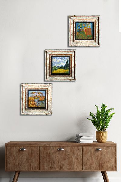 Pinecone Van Gogh Pictură pe perete cu piatră Decorație de perete înrămată Set de pictură din 3 piese Wall Art Tk3-552