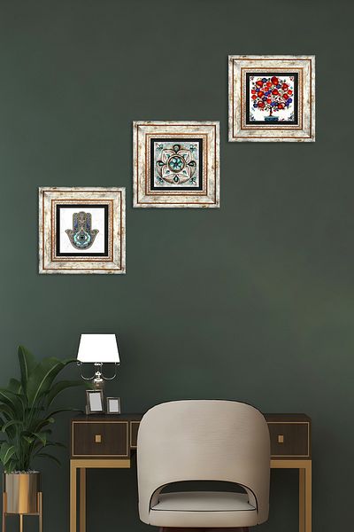 Pinecone Arta țiglei, pomul de rodie, mână Fatma (HAMSA) Pictură pe perete din piatră Decor de perete înrămat Set de picturi din 3 piese