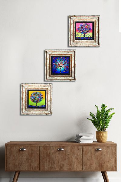 Pinecone Arborele vieții Pictură pe perete cu piatră Decor de perete înrămat Set de pictură 3 piese Artă de perete Tk3-166