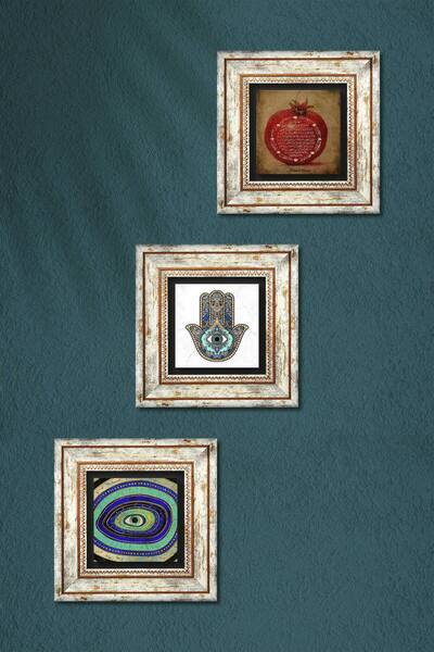 Pinecone Nazar, Bereket Duası, Fatma Ana Eli (HAMSA) Taş Duvar Tablosu Çerçeveli Duvar Dekoru 3'lü Tablo Seti