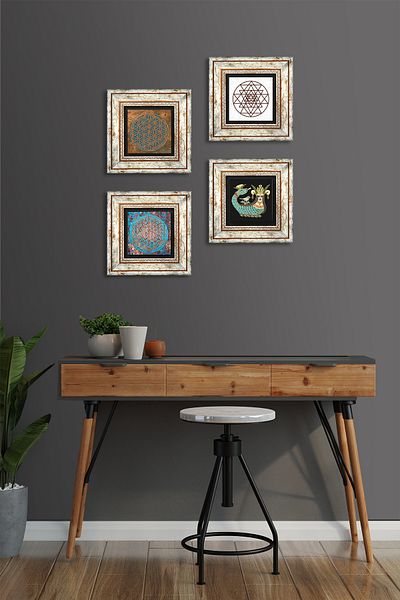 Pinecone Floarea vieții, Sri Yantra, Shahmeran Stone Wall Painting Decor de perete înrămat Set de 4 picturi Tk4-471