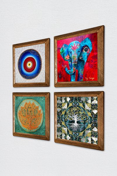 Pinecone Evil Eye, Tree of Life, Elephant, Lotus Flower Stone Wall Painting Wooden Framed Wall Decor Painting W4-893