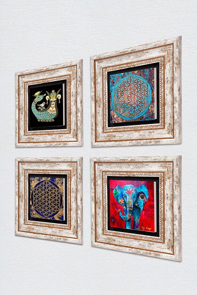 Pinecone Elefant, Floarea Vieții, Pictură de perete din piatră Shahmeran Decor de perete înrămat Set de pictură 4 piese Tk4-150