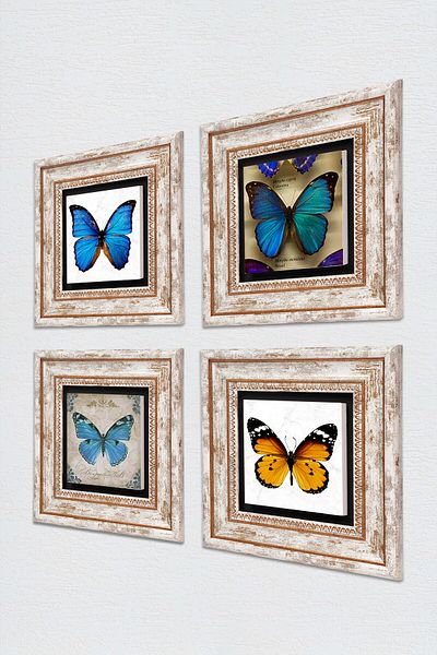 Pinecone Pictură pe perete cu piatră de fluture Decor de perete înrămat Set de pictură din 4 piese Artă de perete
