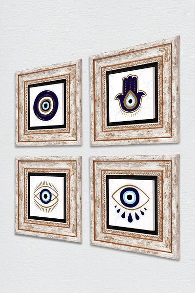Pinecone Fatma Mother Hand (Hamsa), Nazar Stone Wall Painting Framed Wall Decor 4 Piece Painting Set Tk4-1061