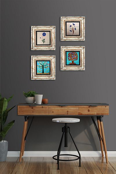 Pinecone Ebru Art, Arborele Vieții Pictură pe perete de piatră Decor de perete înrămat Set de pictură 4 piese Tk4-127