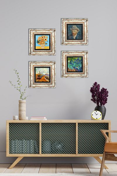 Pinecone Van Gogh Stone Wall Painting Framed Wall Decor 4 Piece Painting Set Wall Art Tk4-73