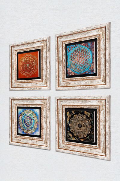 Pinecone Mandala, Floarea Vieții, Sri Yantra Pictură pe perete de piatră Decor de perete înrămat Set de 4 picturi Tk4-55