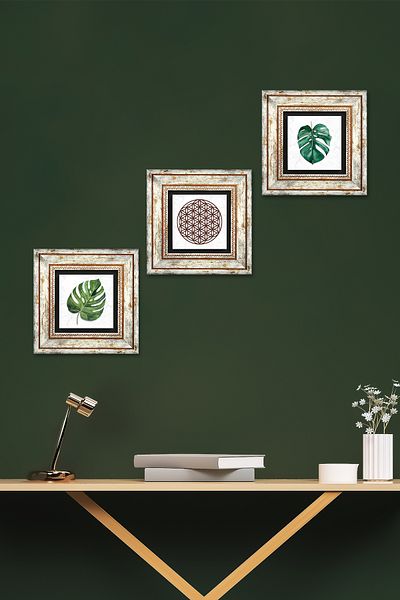 Pinecone Leaf, Flower of Life Stone Wall Painting Framed Wall Decor 3 Piece Table Set Wall Art Tk3-412