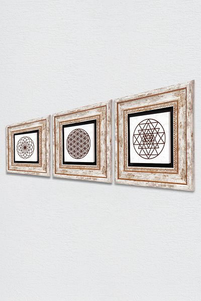 Pinecone Λουλούδι της ζωής, Πέτρινη Ζωγραφική Τοίχων Sri Yantra Διακόσμηση τοίχου με κορνίζα 3 τεμαχίων Σετ ζωγραφικής Wall Art