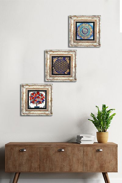 Pinecone Mandala, Flower of Life, Pomegranate Tree Stone Wall Painting Framed Wall Decor 3-Piece Painting Set Wall Art