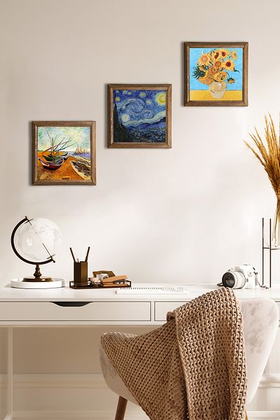 Pinecone Van Gogh Stone Wall Painting Wood Framed Wall Decor 3 Piece Painting Set Wall Art W3-92