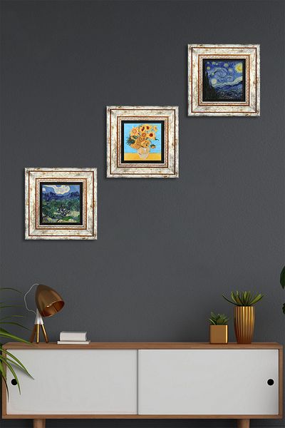 Pinecone Van Gogh Stone Wall Painting Framed Wall Decor 3 Piece Painting Set Wall Art Tk3-573