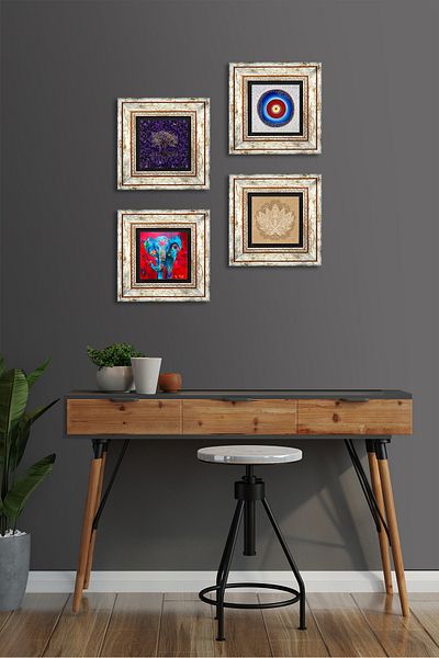 Pinecone Evil Eye, Tree of Life, Elephant, Lotus Flower Stone Wall Painting Framed Wall Decor 4 Piece Set Tk4-1156