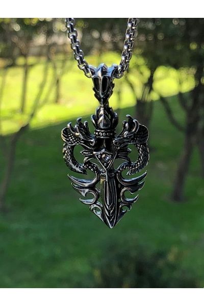 Viking قلادة ساحرة قوطية للجنسين - صليب عتيق، أجنحة تنين، حجر زركون، فولاذ 316L