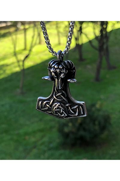 Viking Thor Mjollnir & Triquetra Scandinavian Patterned Tarnish & Stainless 316L Steel Men's Necklace