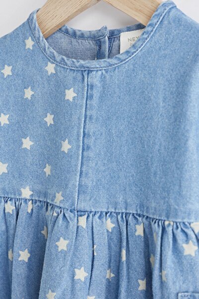 Next Baby % 100 Pamuklu Mavi Yıldız Desenli Denim Bebek Elbisesi