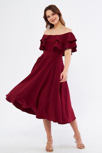 NO48 Burgundy Off-Shoulder Karmen Collar Flowy Woven Fabric Flared Midi Length Homecoming & Evening Dress