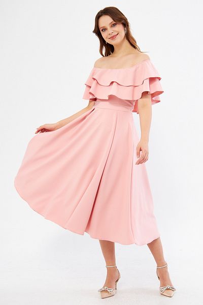 NO48 Πούδρα Off Shoulder Karmen Collar Flowy Woven Fabric Flared Midi Length Φόρεμα επιστροφής στο σπίτι & βραδινό φόρεμα