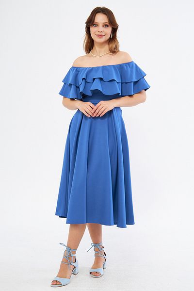 NO48 Τζιν Μπλε Off Shoulder Karmen γιακά με ντραπέ υφασμάτινο ύφασμα Flared Midi μήκους Φόρεμα επιστροφής στο σπίτι & βραδινό φόρεμα