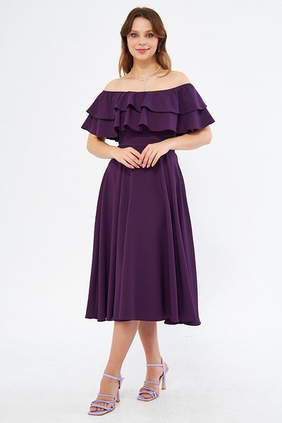 NO48 Plum Off-Shoulder Karmen Collar Flowy Woven Fabric Flared Midi Length Homecoming & Evening Dress