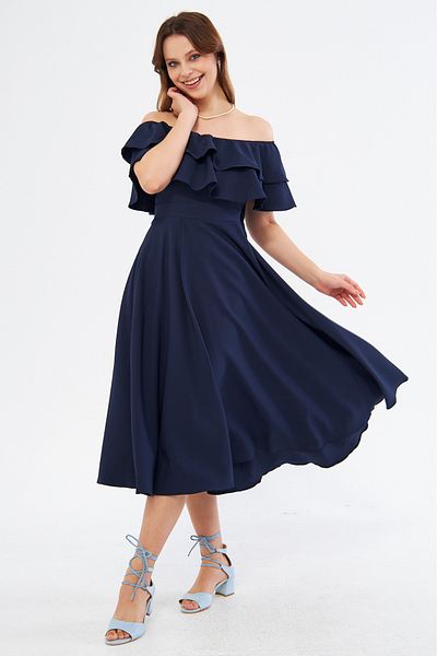 NO48 Navy Blue Off Shoulder Karmen Collar Flowy Woven Fabric Flared Midi Length Homecoming & Evening Dress