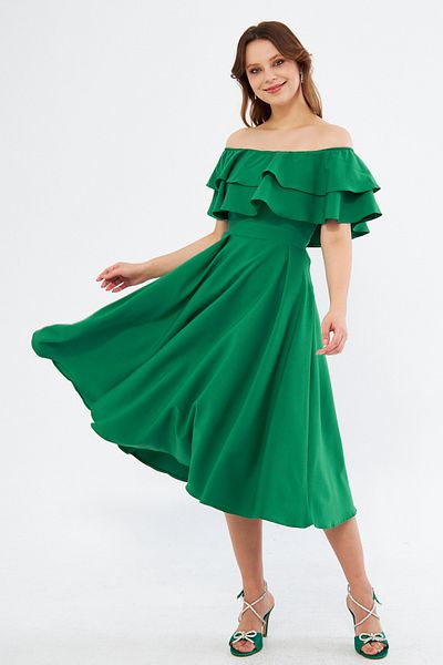 NO48 Grass Green Off Shoulder Karmen γιακά με ντραπέ υφασμάτινο φόρεμα μίντι μήκους για επιστροφή στο σπίτι και βραδινό φόρεμα
