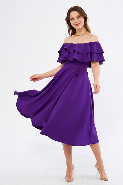 NO48 Purple Off-Shoulder Karmen Collar Flowy Woven Fabric Flared Midi Length Homecoming & Evening Dress