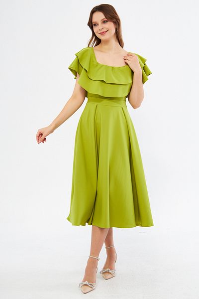 NO48 Pistachio Green Off-Shoulder Karmen Collar Flowy Woven Fabric Flared Midi Length Homecoming & Evening Dress