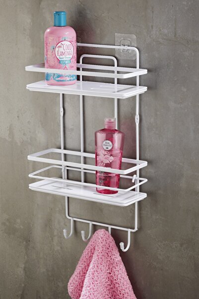 Sas Haus Ράφι ντους μπάνιου με αυτοκόλλητο γάντζο 2 επιπέδων – Ρυθμιζόμενο κρυστάλλινο ράφι (κόλληση/βίδα) Λευκό-Λευκό