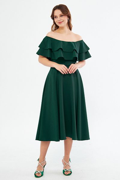 NO48 Emerald Green Off Shoulder Kamen γιακά με ντραπέ υφασμάτινο φόρεμα μίντι μήκους για επιστροφή στο σπίτι και βραδινό φόρεμα