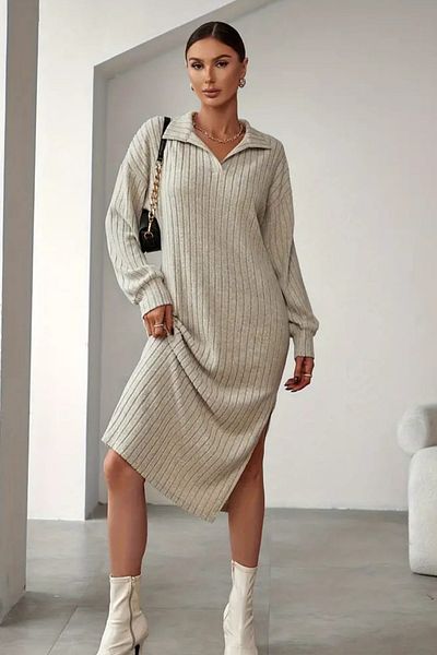 missamour Γυναικείο Μπεζ Πόλο Μανίκι Λεπτομέρεια Γυναικείο Πλεκτό Μίντι Φόρεμα