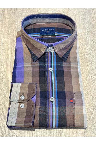 Brothers Ανδρικό πουκάμισο με μακρύ μανίκι Comfort Fit (Wide Cut) καρό 100% βαμβακερό καφέ