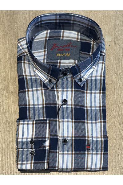 Brothers Ανδρικό πουκάμισο με μακρύ μανίκι Comfort Fit (Wide Cut) καρό 100% βαμβακερό Navy Blue